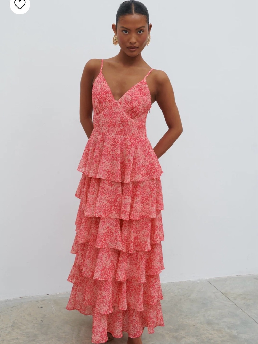 Floral Tiered Pink Maxi Dress with V-Neck and Spaghetti Straps